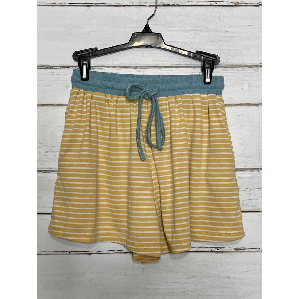 Anniewear Yellow White Stripe Lounge Small Blue Trim Pocket Shorts Matching Set - Picture 6 of 13